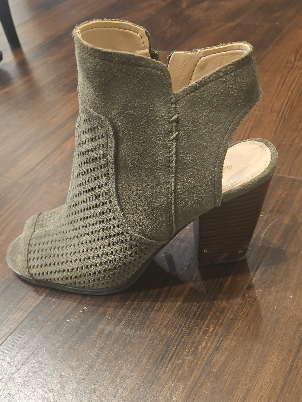 Olive Green Suede Peep-Toe Block Heel Sandal